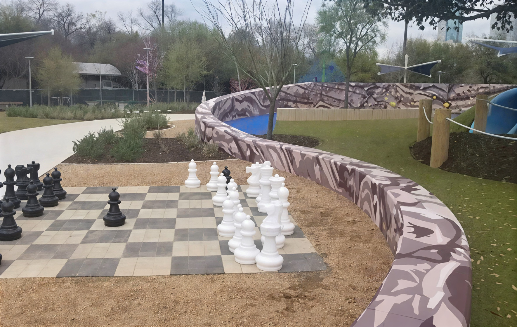 large outdoor chessboard at the park in Austin, TX