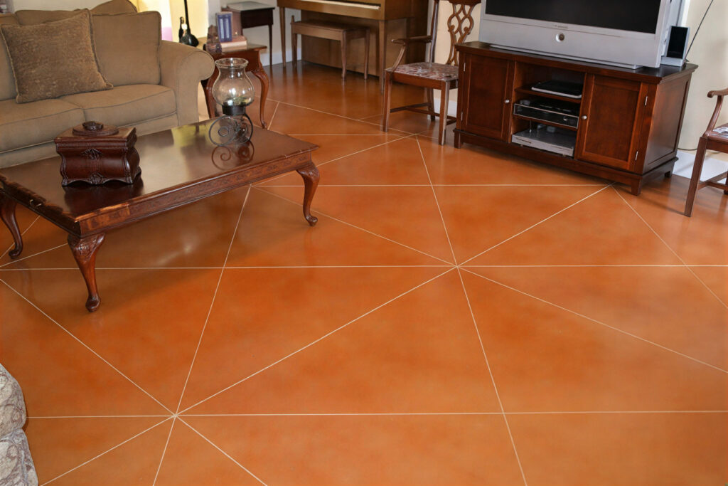 family room stained concrete in Austin, TX