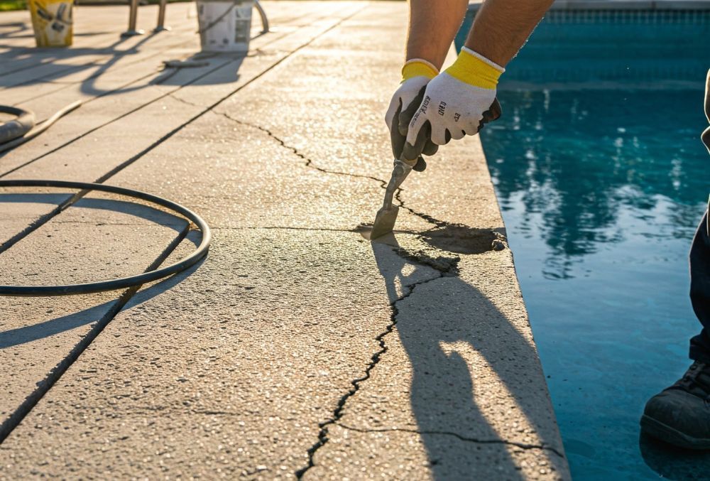 contractor repairing a cracked pool deck